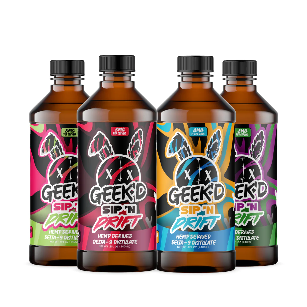 GEEK’D – SIP ‘N DRIFT – DELTA 9 DISTILLATE – CRAN RAZZ | GRAPE APPLE | KIWI STRAWBERRY | CARIBBEAN BLAST